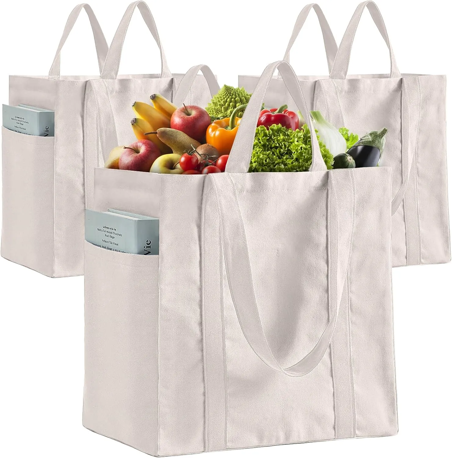 Canvas Reusable Grocery Bags 3 Pack, Heavy Duty Cotton Canvas Totes with Reinforced Handles, 6 Compartments & Side Pockets, Foldable Washable Large Sublimation Bags for Shopping/Picnic/Beach