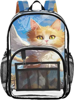 Cat Angel Wings Clear Bag for Women Travel Boys Backpacks for Girls School Clear Plastic Bag Pvc