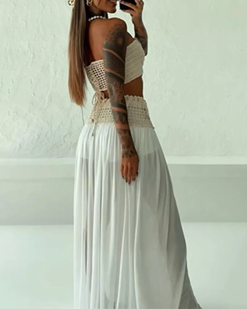 CHICME Two Piece Skirt Outfits for Women Sleeveless Crochet Tube Top Sexy Sheer Maxi Skirt Sets