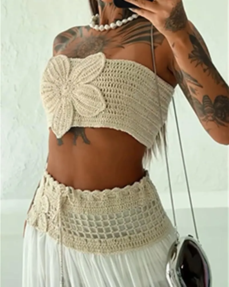 CHICME Two Piece Skirt Outfits for Women Sleeveless Crochet Tube Top Sexy Sheer Maxi Skirt Sets