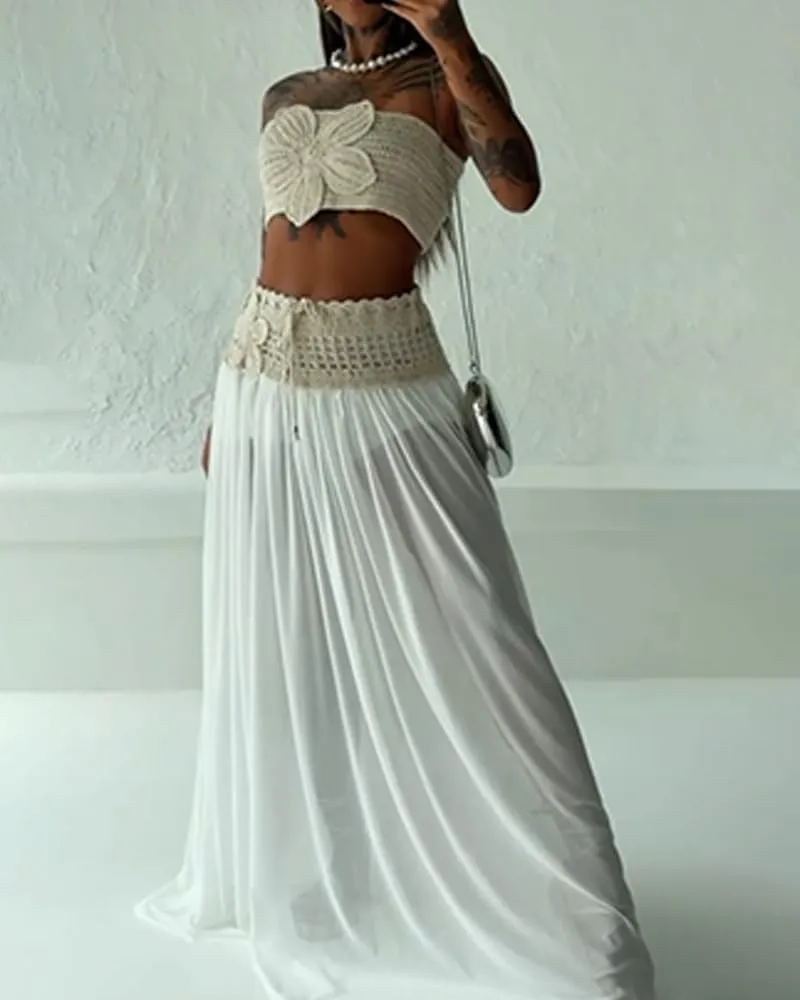 CHICME Two Piece Skirt Outfits for Women Sleeveless Crochet Tube Top Sexy Sheer Maxi Skirt Sets
