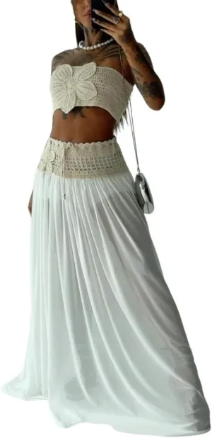 CHICME Two Piece Skirt Outfits for Women Sleeveless Crochet Tube Top Sexy Sheer Maxi Skirt Sets