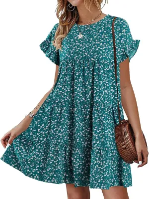 Chuanqi Womens Ruffles Boho Floral Printed Babydoll Loose Swing Casual Short Mini T-Shirt Dress