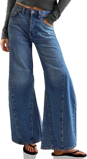 Cicy Bell Womens Baggy Bell Bottom Jeans High Waisted Flare Barrel Wide Leg Stretchy Denim Pants