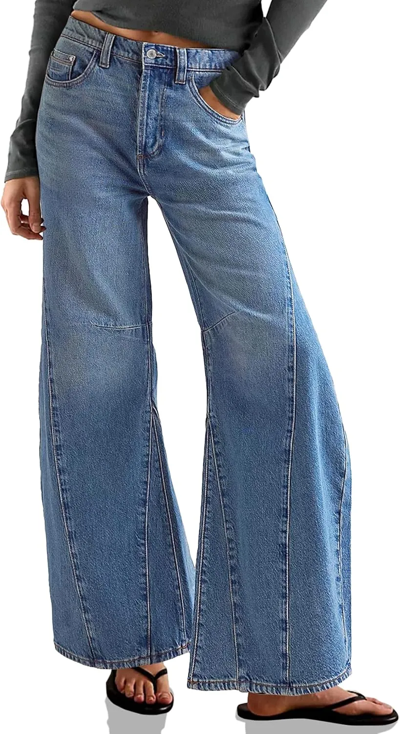 Cicy Bell Womens Baggy Bell Bottom Jeans High Waisted Flare Barrel Wide Leg Stretchy Denim Pants