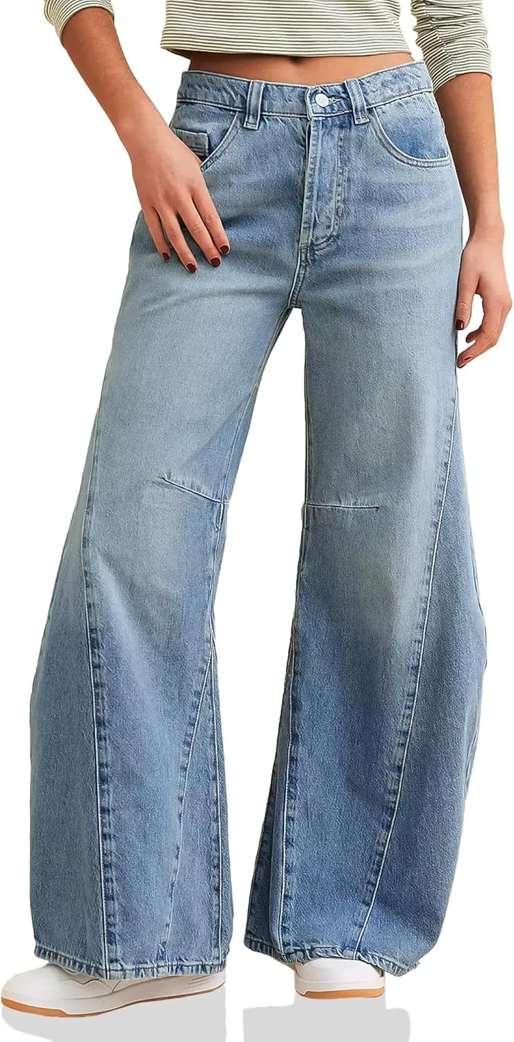 Cicy Bell Womens Baggy Bell Bottom Jeans High Waisted Flare Barrel Wide Leg Stretchy Denim Pants