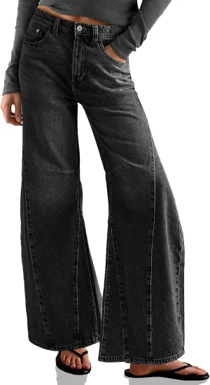 Cicy Bell Womens Baggy Bell Bottom Jeans High Waisted Flare Barrel Wide Leg Stretchy Denim Pants