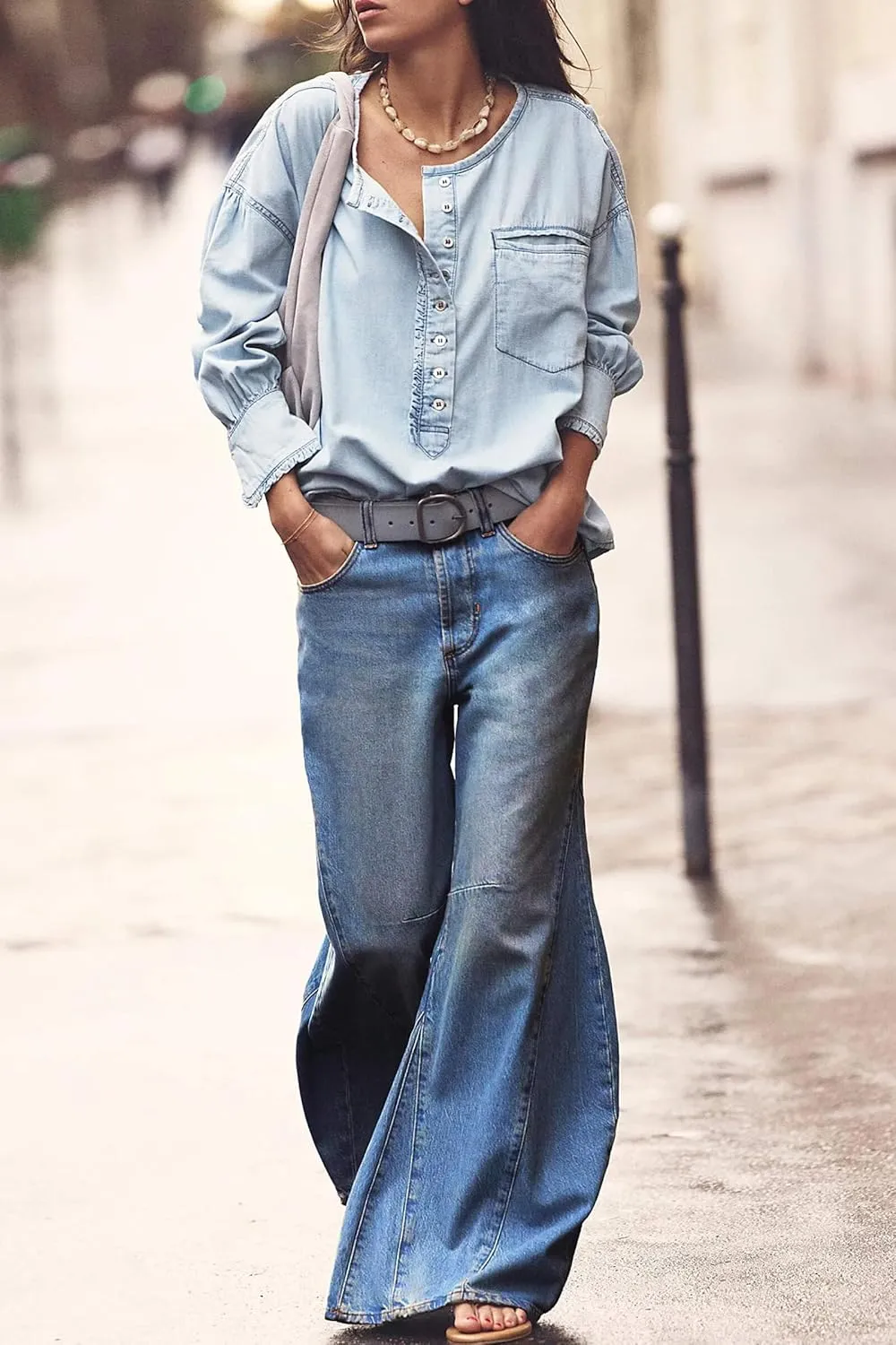 Cicy Bell Womens Baggy Bell Bottom Jeans High Waisted Flare Barrel Wide Leg Stretchy Denim Pants