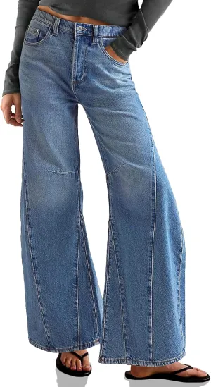 Cicy Bell Womens Baggy Bell Bottom Jeans High Waisted Flare Barrel Wide Leg Stretchy Denim Pants