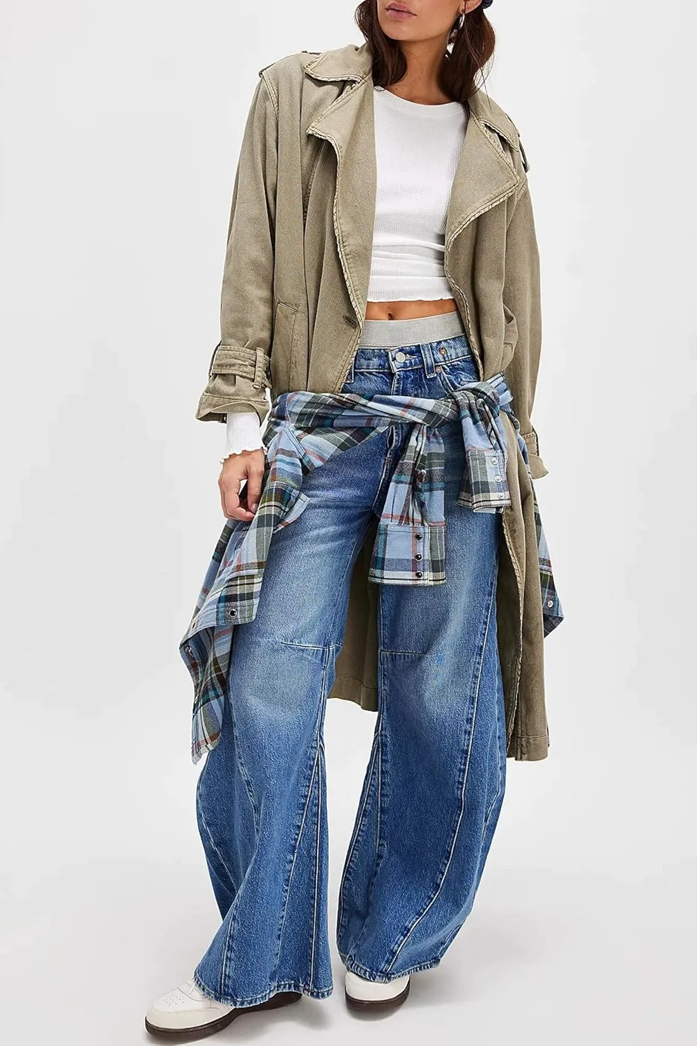 Cicy Bell Womens Baggy Bell Bottom Jeans High Waisted Flare Barrel Wide Leg Stretchy Denim Pants