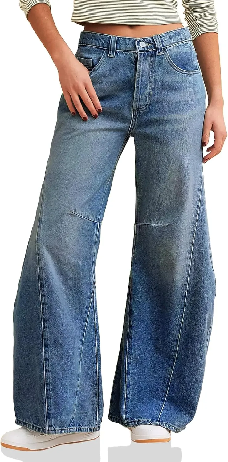 Cicy Bell Womens Baggy Bell Bottom Jeans High Waisted Flare Barrel Wide Leg Stretchy Denim Pants