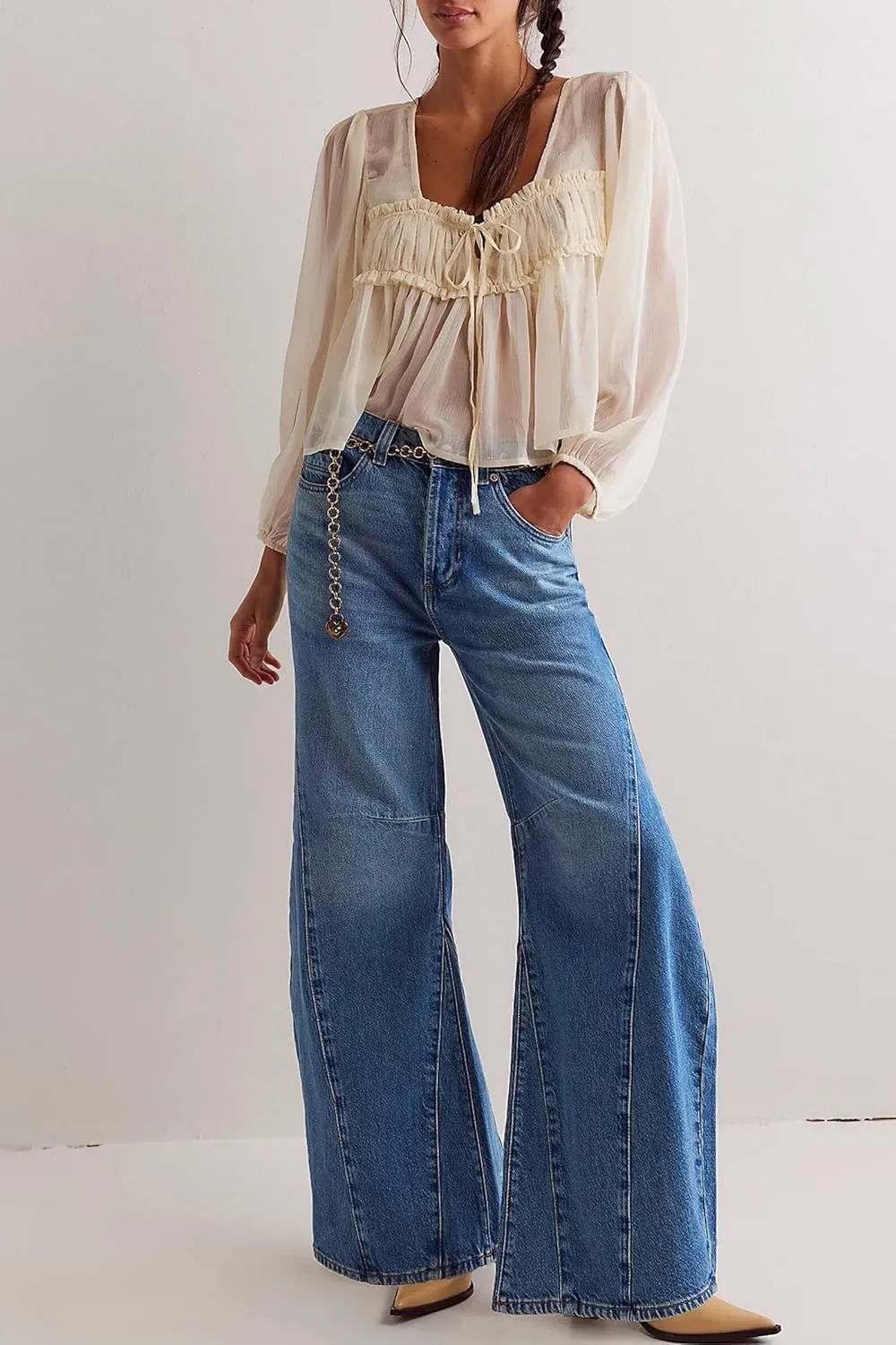 Cicy Bell Womens Baggy Bell Bottom Jeans High Waisted Flare Barrel Wide Leg Stretchy Denim Pants