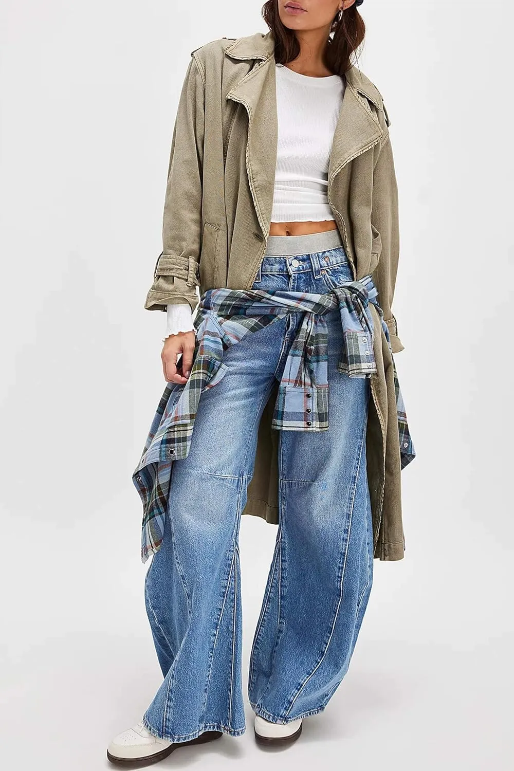 Cicy Bell Womens Baggy Bell Bottom Jeans High Waisted Flare Barrel Wide Leg Stretchy Denim Pants