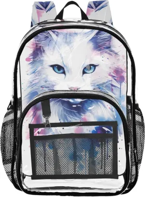 Clear Backpack for Women Cat Watercolor Painting Kids Girls Backpack Boys Large Plastic Approved Bag
