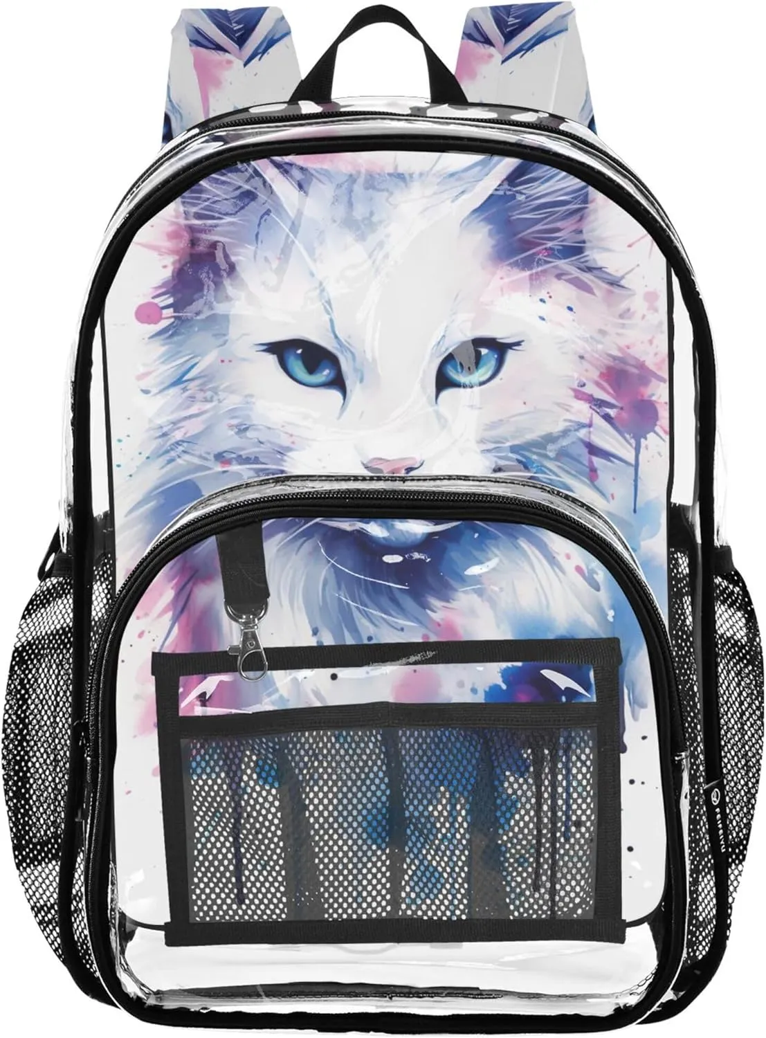 Clear Backpack for Women Cat Watercolor Painting Kids Girls Backpack Boys Large Plastic Approved Bag