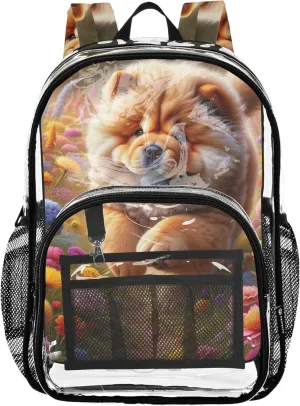 Clear Backpack for Women Spring Floral Chow Chow Dog Girls Backpack Kids Boys Plastic See through Bookbag