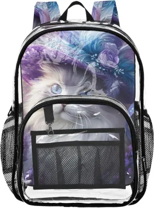 Clear Bag for Women Travel Chic Persian Cat Purple Hat Girls Backpack Kids Boys Approved Shoulder Bag