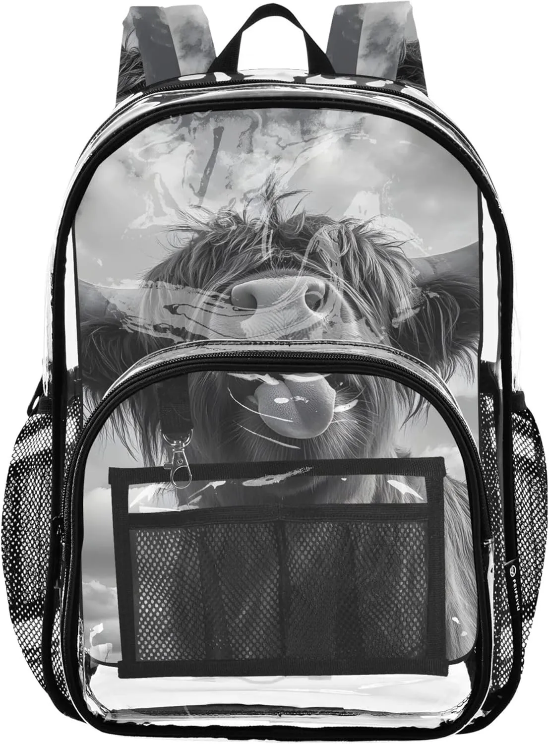 Clear Bag for Women Travel Funny Highland Cow Black White Kids Backpack for Girls Pvc School Plastic Bookbag