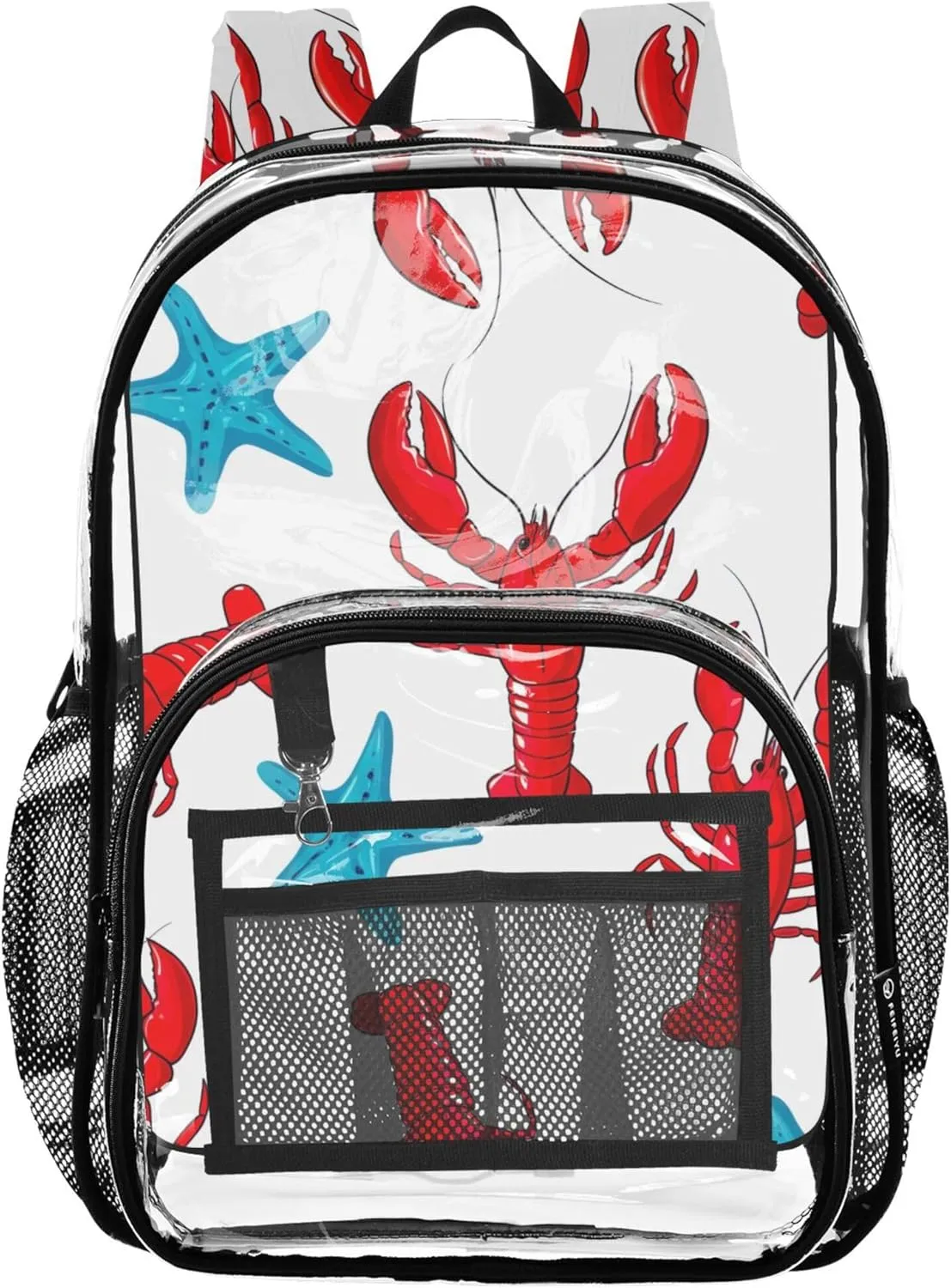 Clear Bag for Women Travel Kids Backpack for Girls See through Shoulder Bag Red Lobsters Blue Starfish