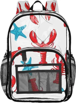 Clear Bag for Women Travel Kids Backpack for Girls See through Shoulder Bag Red Lobsters Blue Starfish
