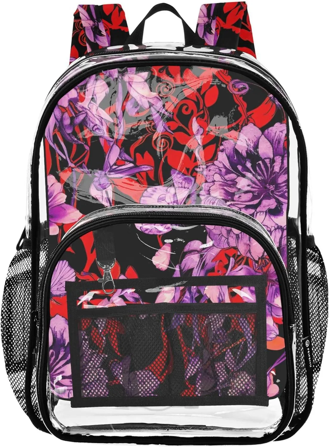 Clear Bag for Women Travel Red Purple Flowers Black Boys Backpacks for Girls Approved Transparent Bag