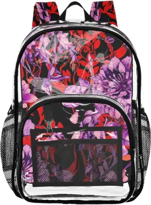 Clear Bag for Women Travel Red Purple Flowers Black Boys Backpacks for Girls Approved Transparent Bag