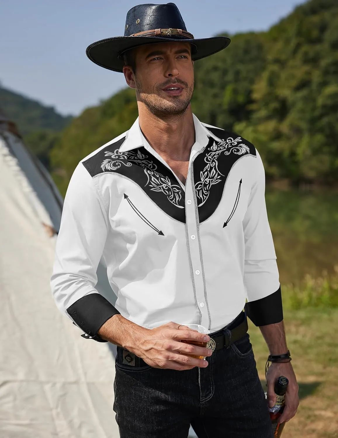 COOFANDY Men's Cowboy Shirtss Embroidered Rose Design Shirts Western Long Sleeve Button Down Shirts