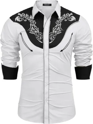 COOFANDY Men's Cowboy Shirtss Embroidered Rose Design Shirts Western Long Sleeve Button Down Shirts