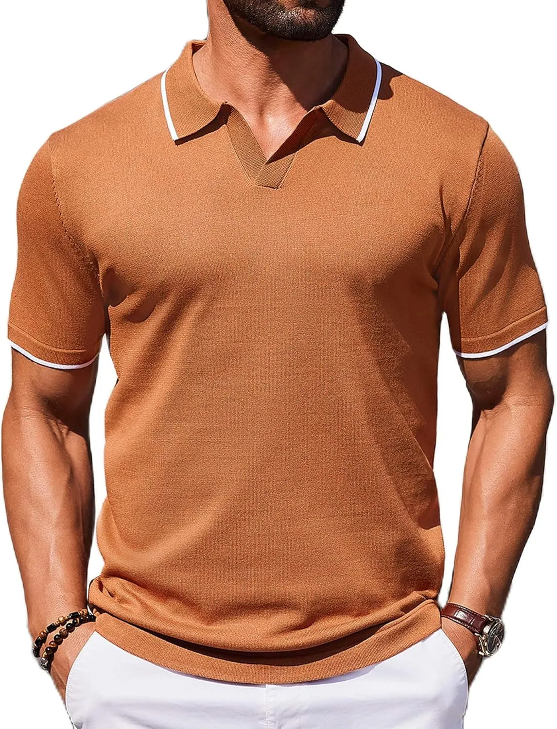 COOFANDY Mens Polo Shirts Short Sleeve Casual Knit Polo Shirt Vintage Golf T Shirts Old Money Tops