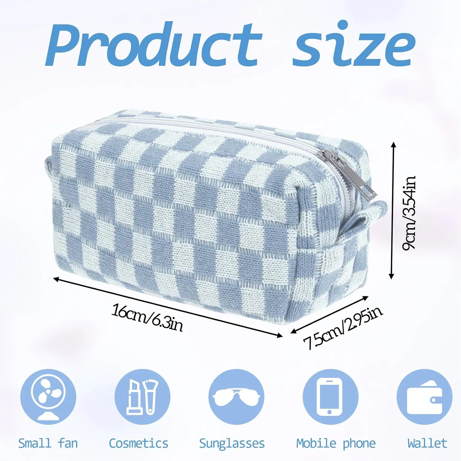 Cosmetic Bags for Women - Large Capacity Checkered Makeup Bag Set, Travel Toiletry Organizer Cute Y2K Aesthetic Makeup Pouch for Purse, Zipper Storage Bag for Makeup Brushes and Accessories (Blue)