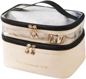 Cosmetics Bag, Water Resistant Make Up Bag, Fashionable Toiletry Bag, Large Capacity Travel Organizer, Portable with Double Zipper Cosmetic Case, Tools Bag,Water Proof bag (cream)