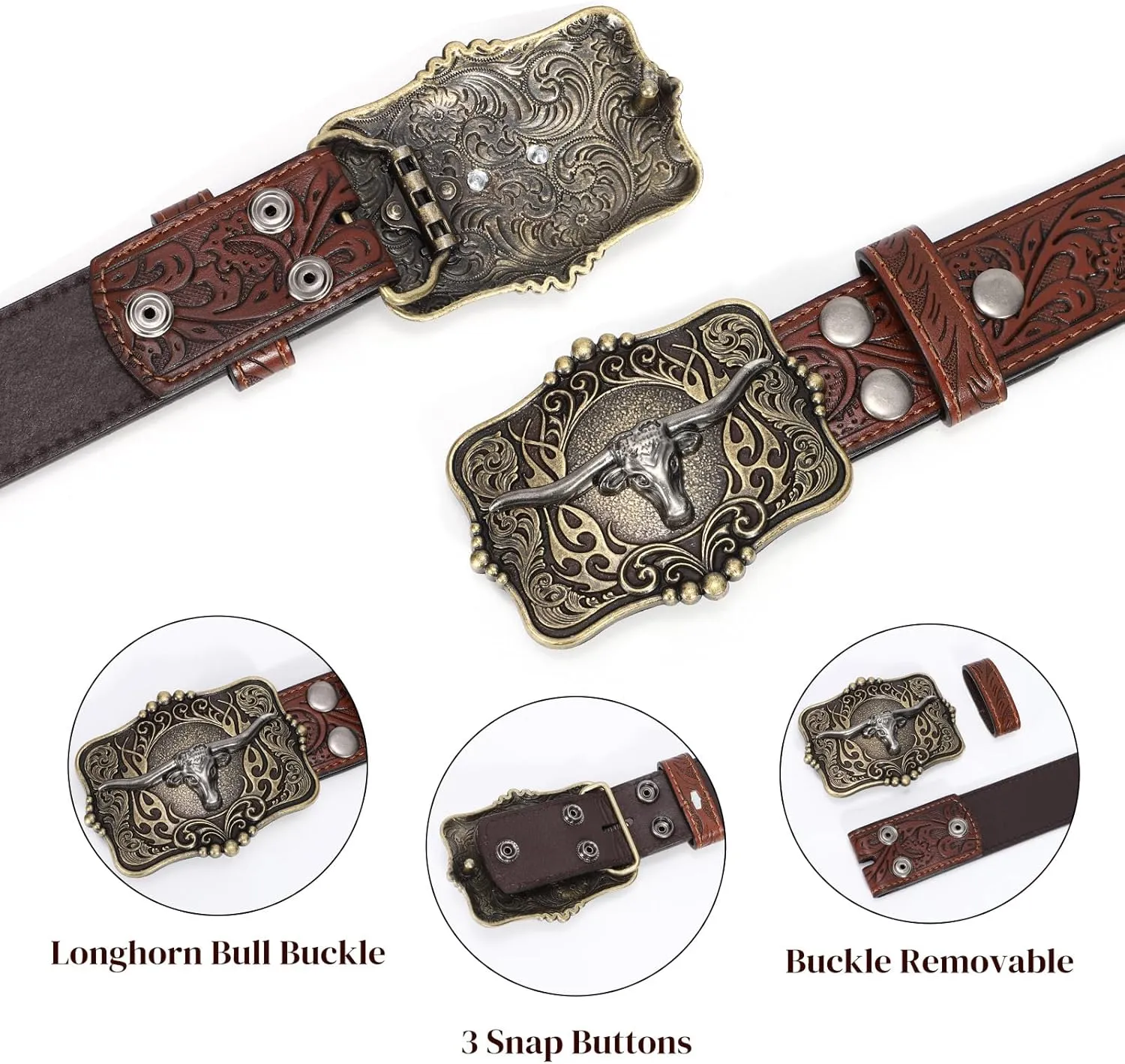 Cowboy Cowgirl Belt Western Belts for Men Women Floral Engraved Longhorn Bull Buckle Belt for Jeans