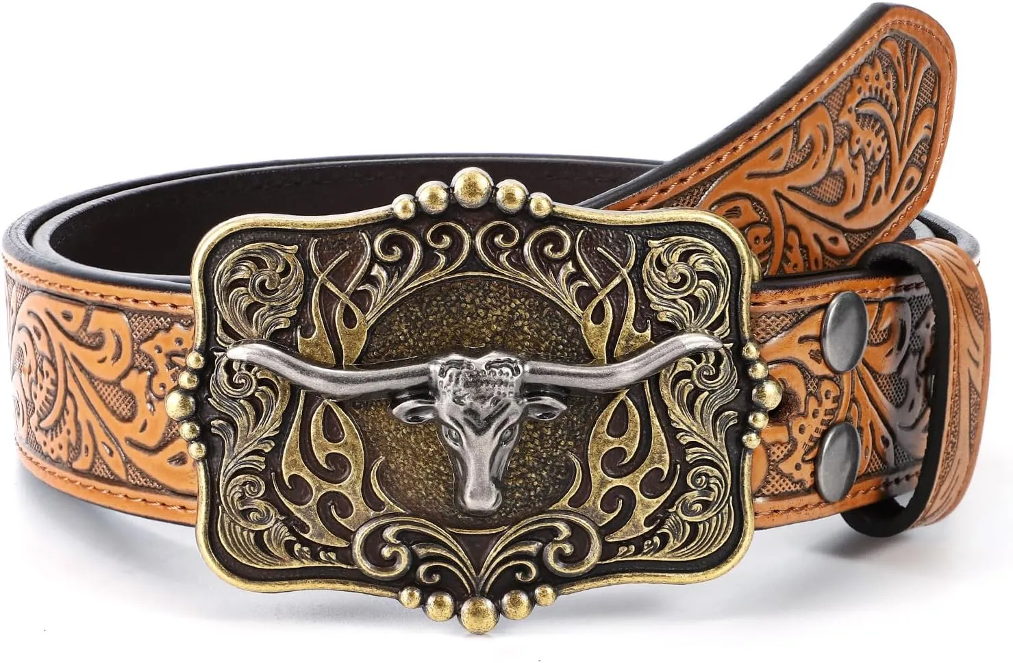 Cowboy Cowgirl Belt Western Belts for Men Women Floral Engraved Longhorn Bull Buckle Belt for Jeans