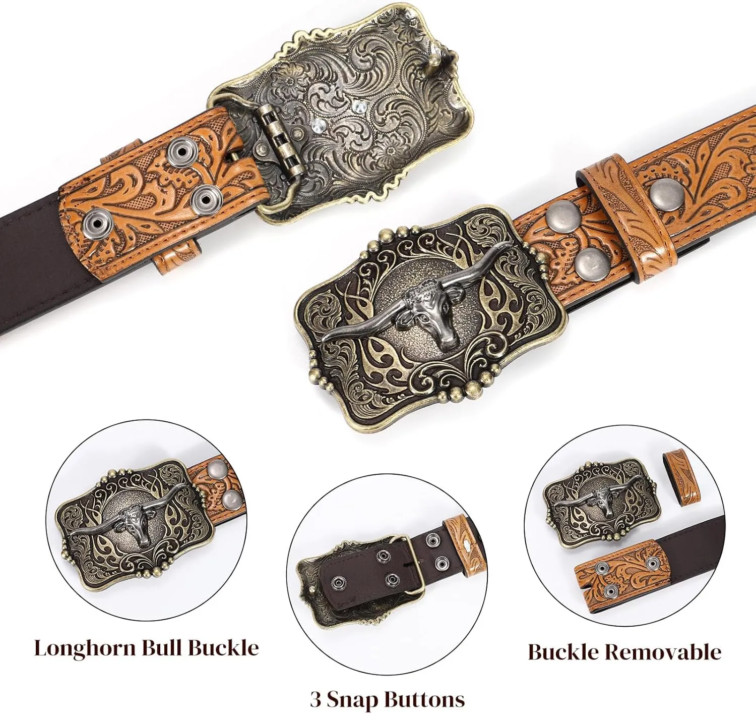 Cowboy Cowgirl Belt Western Belts for Men Women Floral Engraved Longhorn Bull Buckle Belt for Jeans