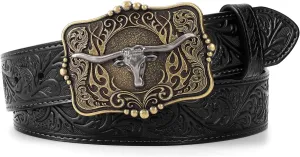 Cowboy Cowgirl Belt Western Belts for Men Women Floral Engraved Longhorn Bull Buckle Belt for Jeans