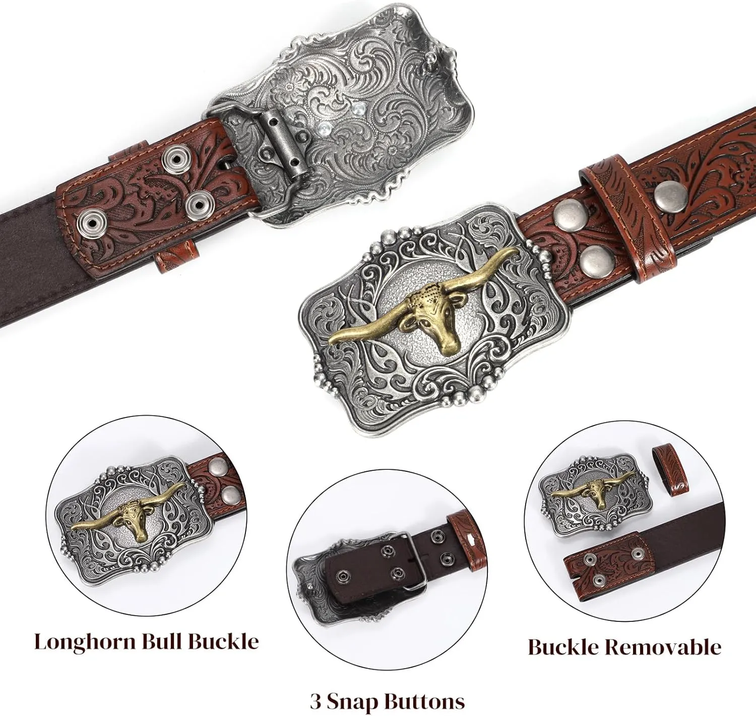 Cowboy Cowgirl Belt Western Belts for Men Women Floral Engraved Longhorn Bull Buckle Belt for Jeans
