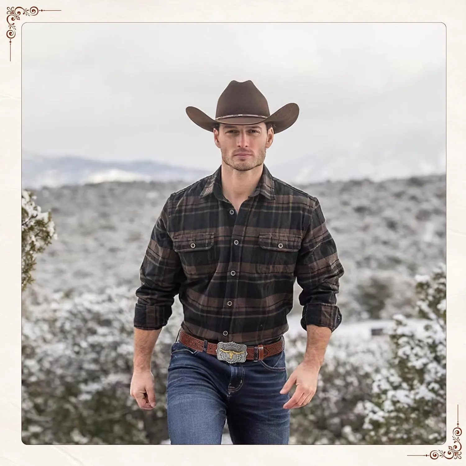 Cowboy Cowgirl Belt Western Belts for Men Women Floral Engraved Longhorn Bull Buckle Belt for Jeans