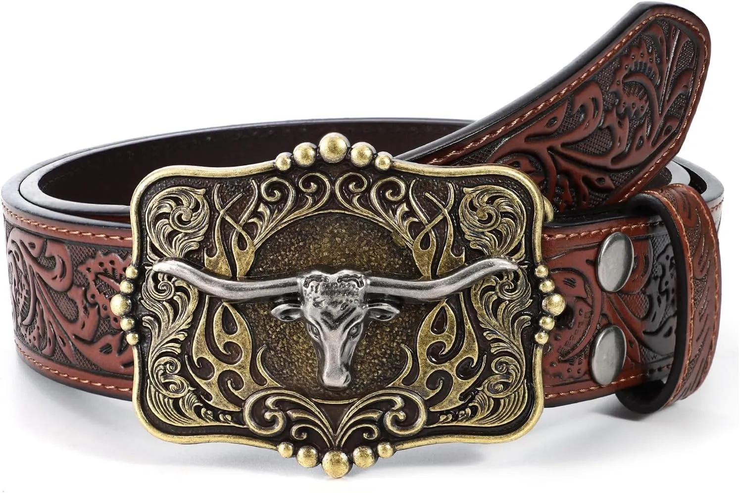 Cowboy Cowgirl Belt Western Belts for Men Women Floral Engraved Longhorn Bull Buckle Belt for Jeans