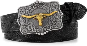 Cowboy Cowgirl Belt Western Belts for Men Women Floral Engraved Longhorn Bull Buckle Belt for Jeans