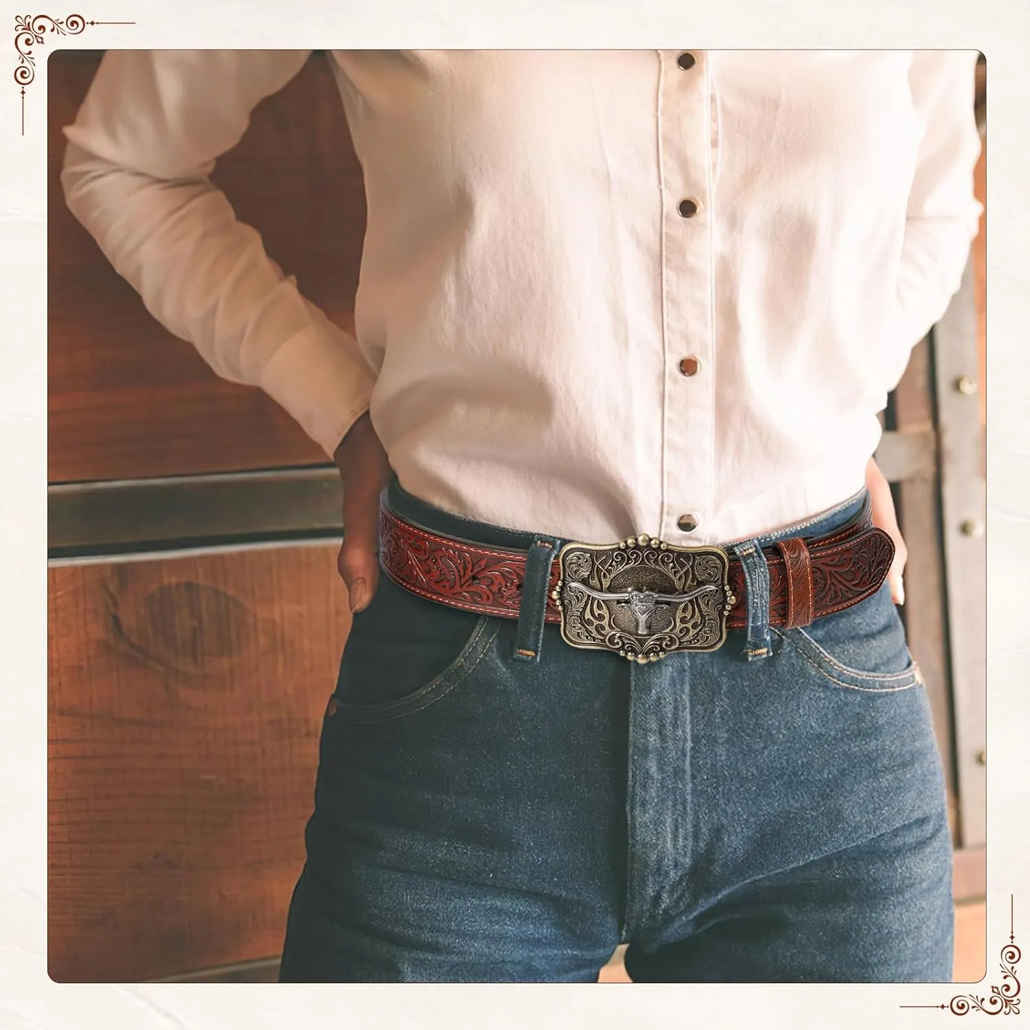 Cowboy Cowgirl Belt Western Belts for Men Women Floral Engraved Longhorn Bull Buckle Belt for Jeans