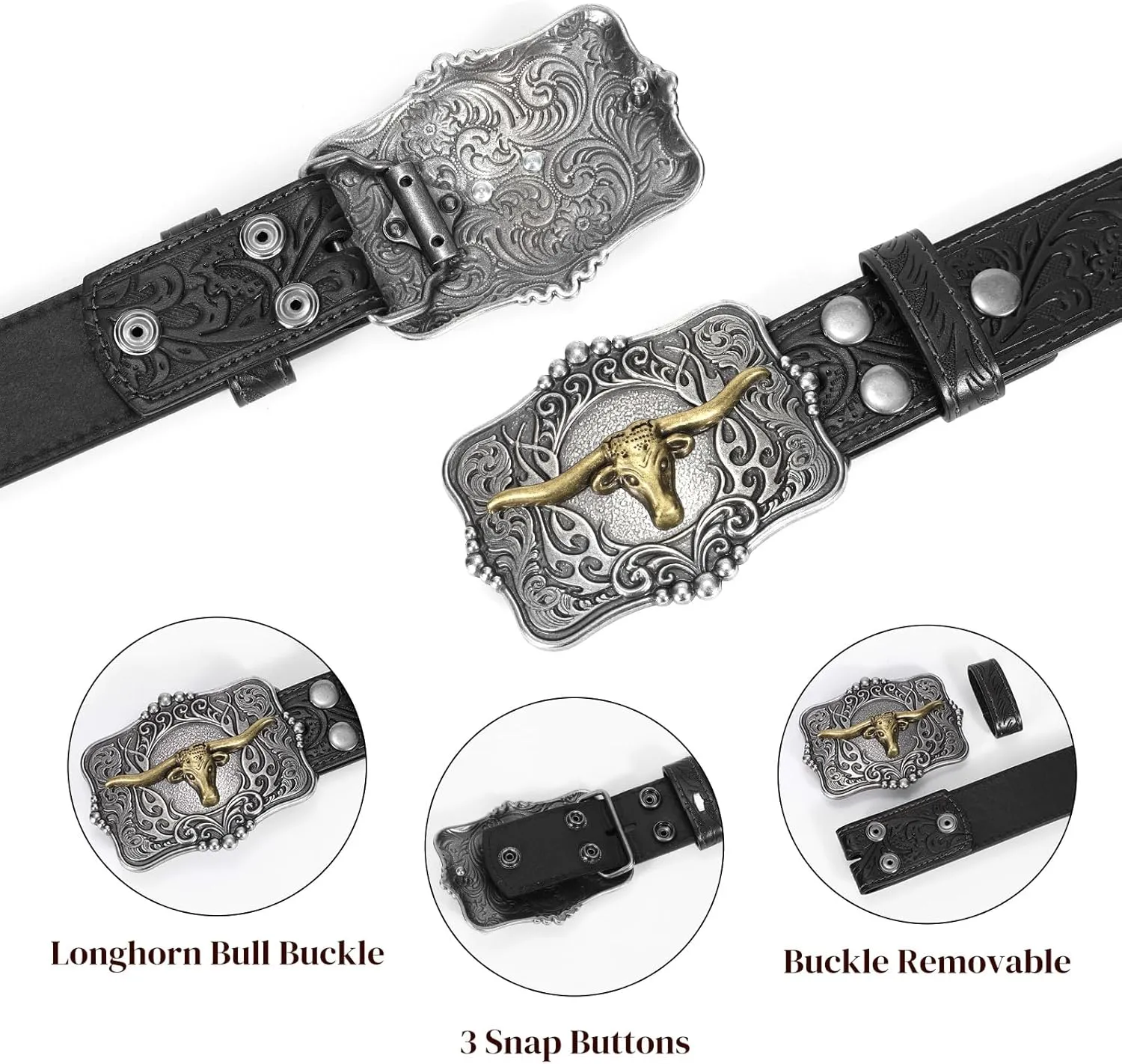 Cowboy Cowgirl Belt Western Belts for Men Women Floral Engraved Longhorn Bull Buckle Belt for Jeans