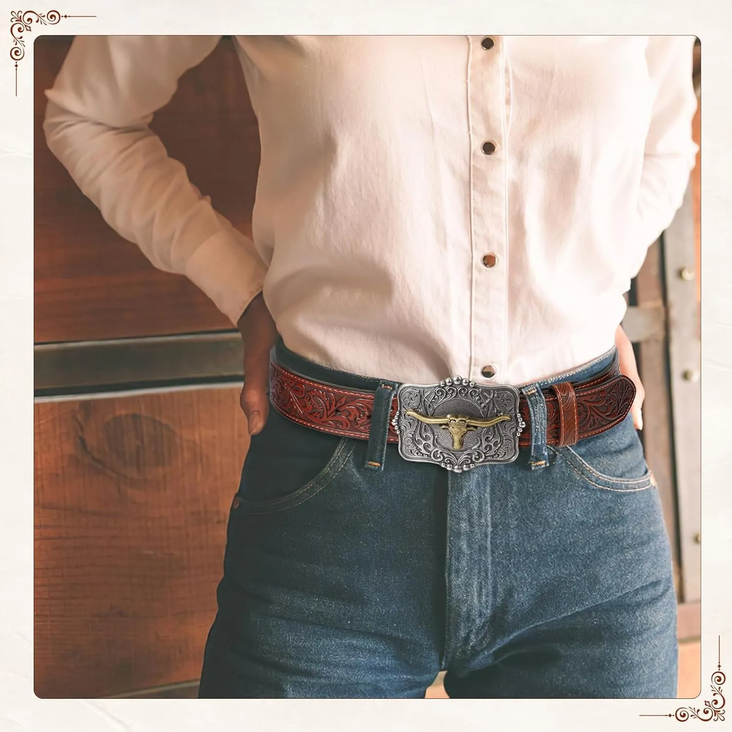 Cowboy Cowgirl Belt Western Belts for Men Women Floral Engraved Longhorn Bull Buckle Belt for Jeans