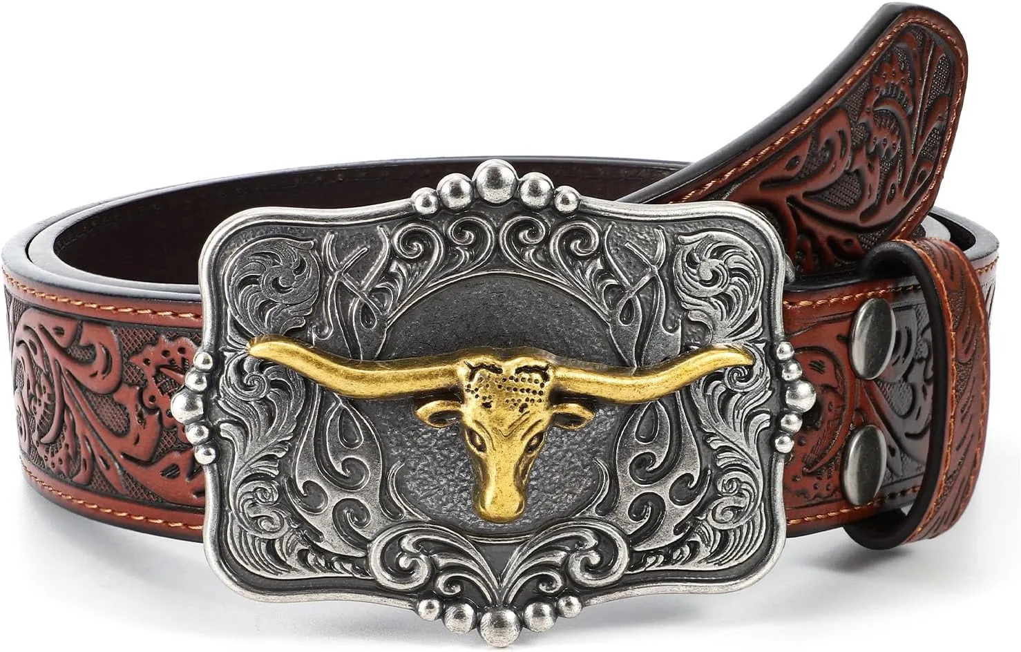 Cowboy Cowgirl Belt Western Belts for Men Women Floral Engraved Longhorn Bull Buckle Belt for Jeans