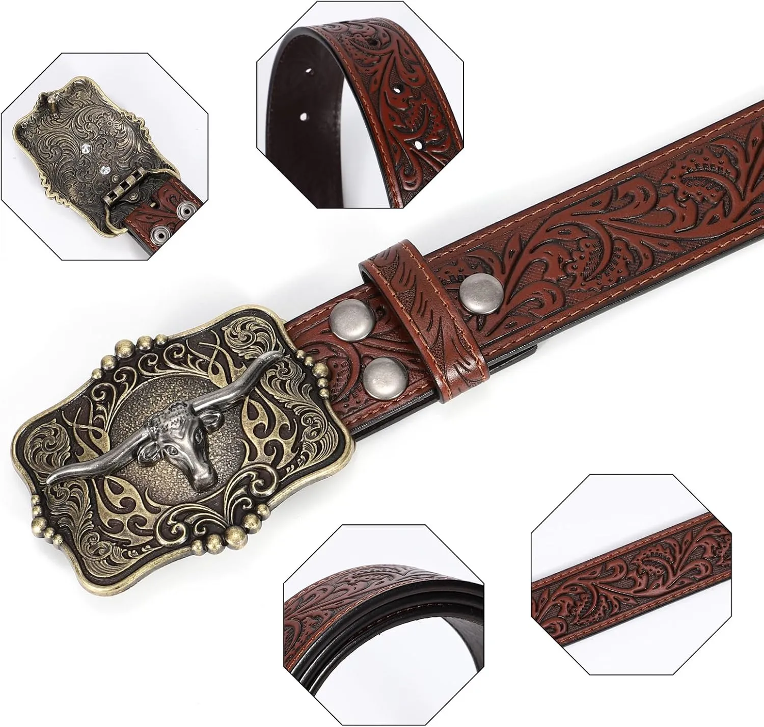Cowboy Cowgirl Belt Western Belts for Men Women Floral Engraved Longhorn Bull Buckle Belt for Jeans