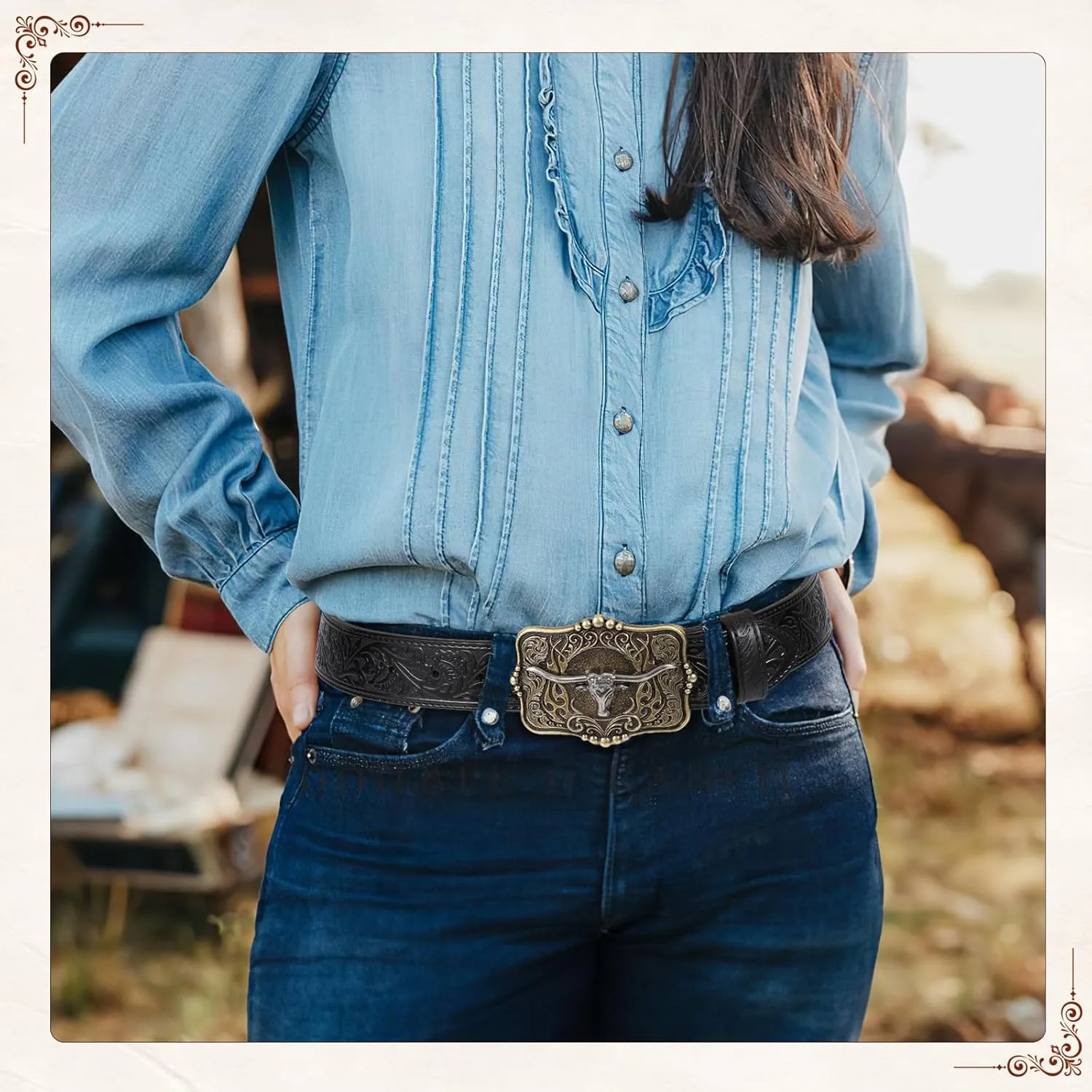 Cowboy Cowgirl Belt Western Belts for Men Women Floral Engraved Longhorn Bull Buckle Belt for Jeans