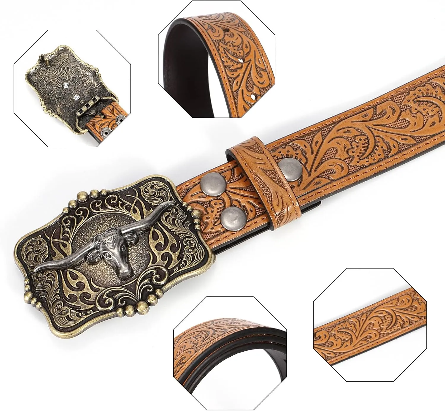Cowboy Cowgirl Belt Western Belts for Men Women Floral Engraved Longhorn Bull Buckle Belt for Jeans