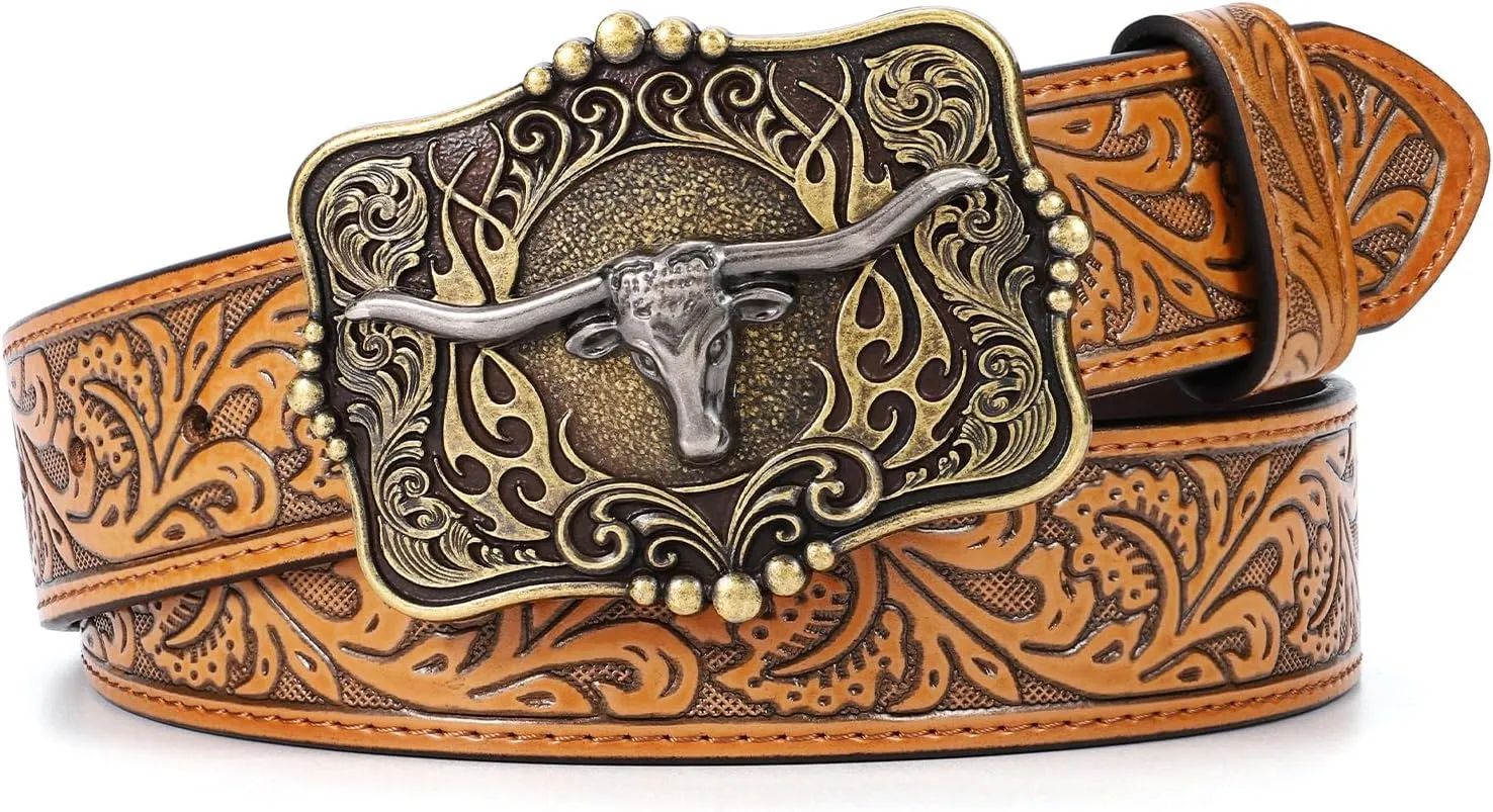 Cowboy Cowgirl Belt Western Belts for Men Women Floral Engraved Longhorn Bull Buckle Belt for Jeans