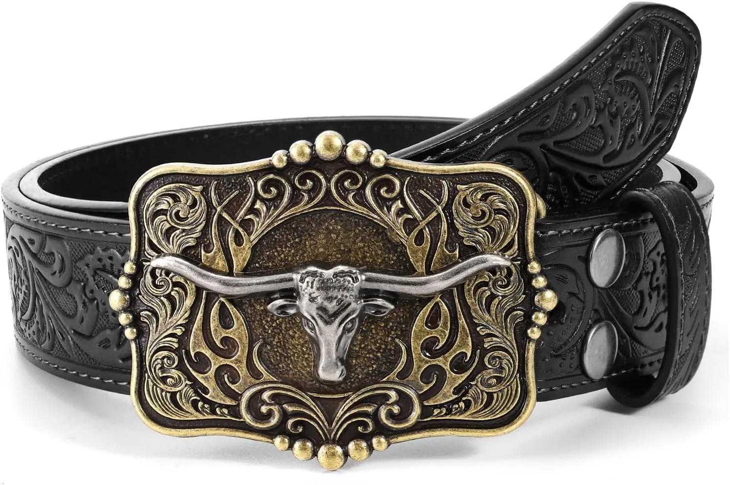 Cowboy Cowgirl Belt Western Belts for Men Women Floral Engraved Longhorn Bull Buckle Belt for Jeans