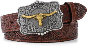 Cowboy Cowgirl Belt Western Belts for Men Women Floral Engraved Longhorn Bull Buckle Belt for Jeans