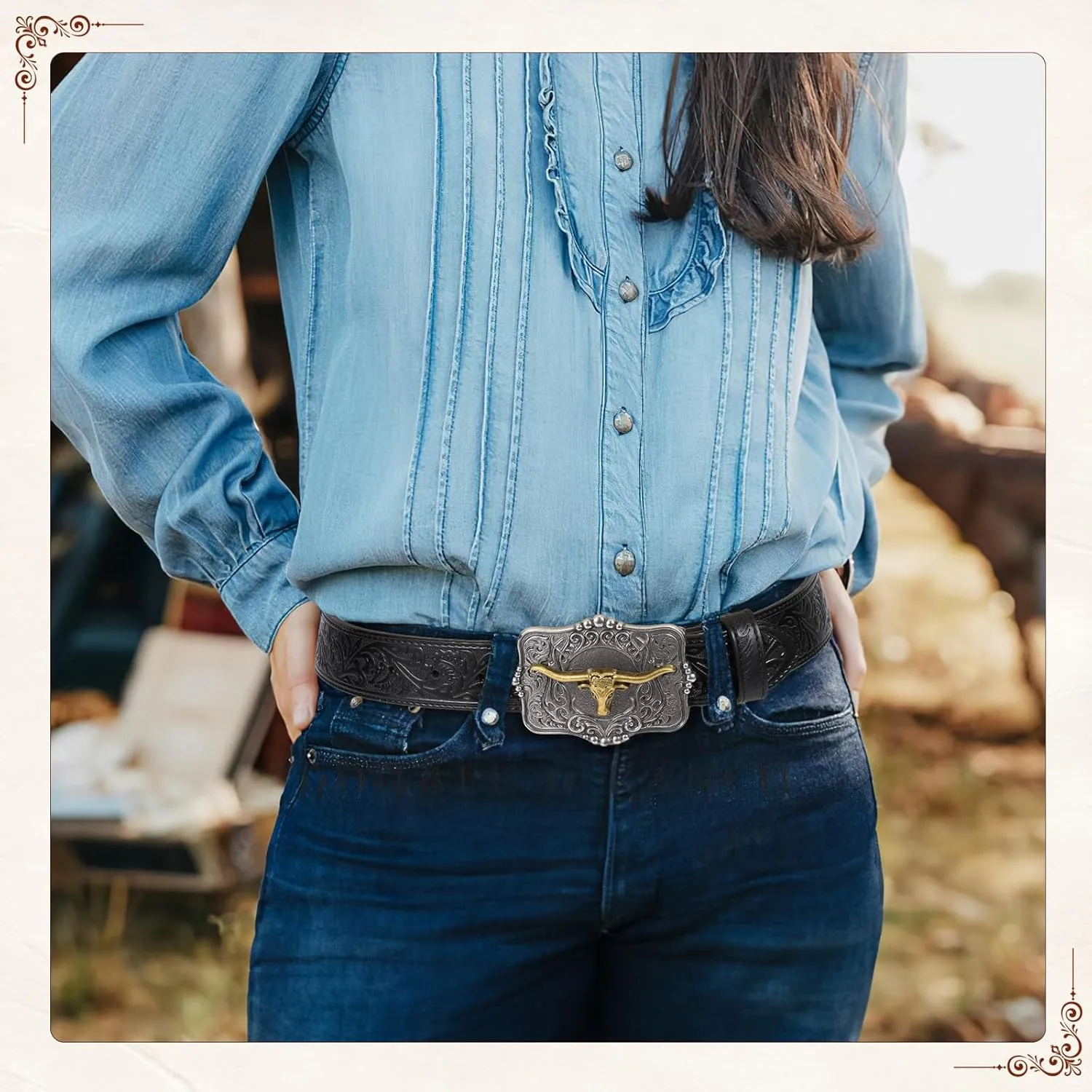 Cowboy Cowgirl Belt Western Belts for Men Women Floral Engraved Longhorn Bull Buckle Belt for Jeans